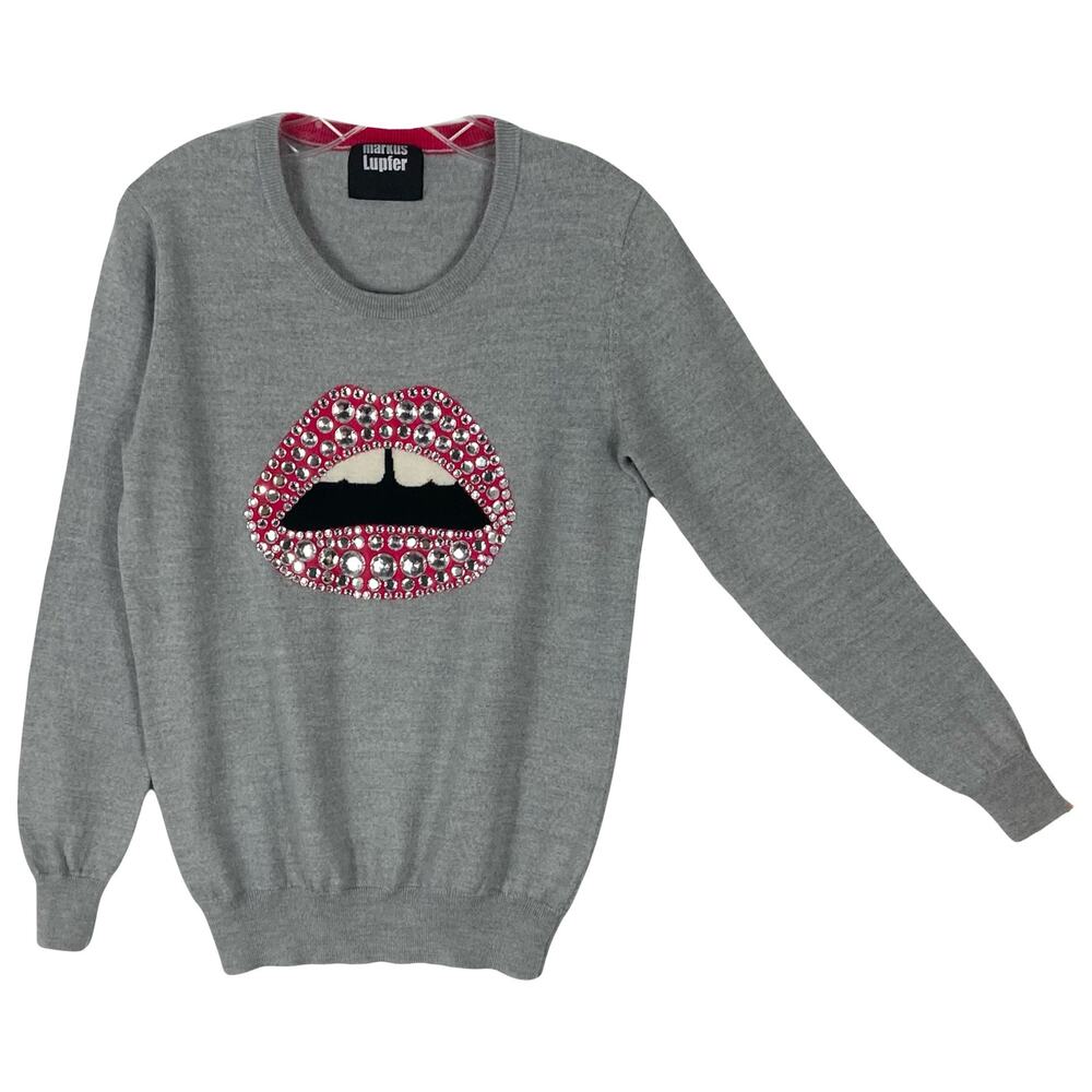 Nwot MARKUS LUPFER Sweater Women M Grey Merino-Wool Lips-Studded Long-Sleeve